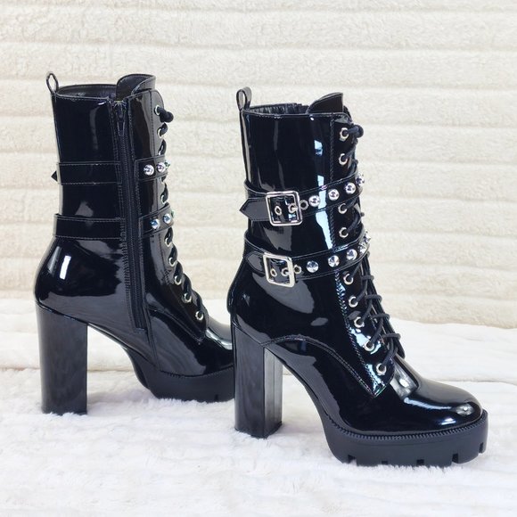 Shiney Black Patent Lug Sole Studded Strap Ankle Boots Temptress - Picture 1 of 12